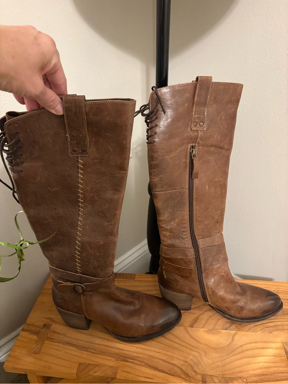 Roan by Bed Stu Brown Leather Lace-Back Mid-Calf Boots